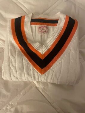 Brooks Brothers White Cable-Knit V-Neck Sweater Vest  with Orange & Navy Trim